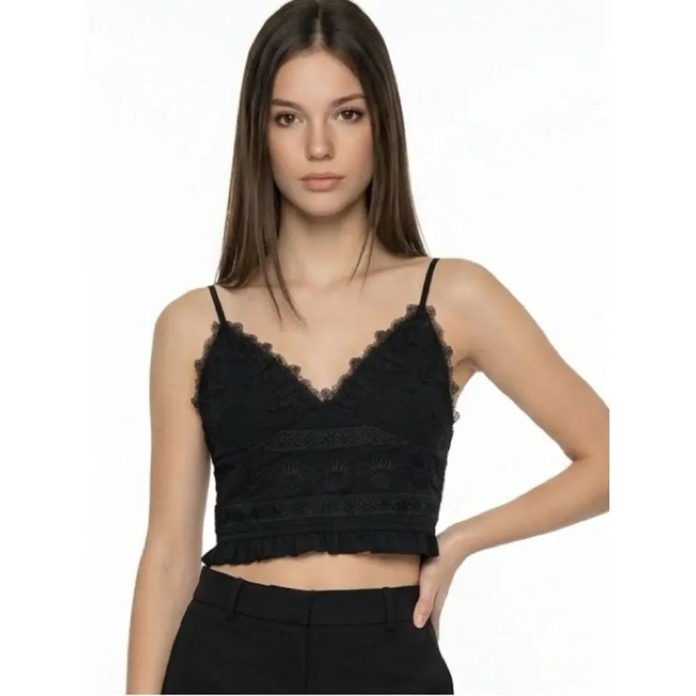 DRESS FORUM | Black Lace Crop Top Smocked Back Ruffle Trim Women’s Size X-Small